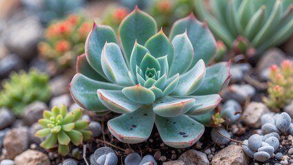 Glaucous Echeveria Succulent Plant Surrounded by Decorative Stones with Copy Space for Text and Design Elements