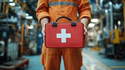 Worker in Safety Gear Holding Red First Aid Kit with White Cross Symbol in Industrial Setting