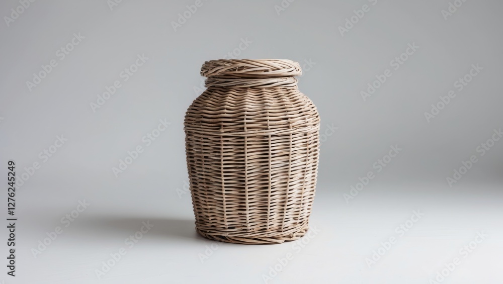 Poster wicker storage jar with lid isolated on a neutral background showcasing its texture and design with 