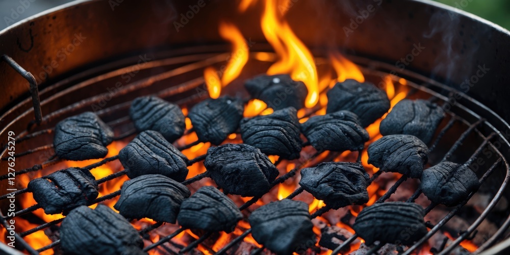 Poster charcoal barbecue grill with bright flames creating an inviting atmosphere and ample copy space for 