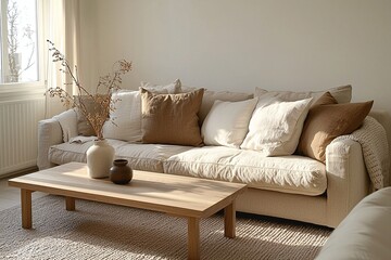 A modern minimalist interior design in the living room with a sofa and table. Generative AI

