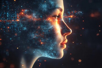 Artificial intelligence woman emerging from futuristic digital data flow