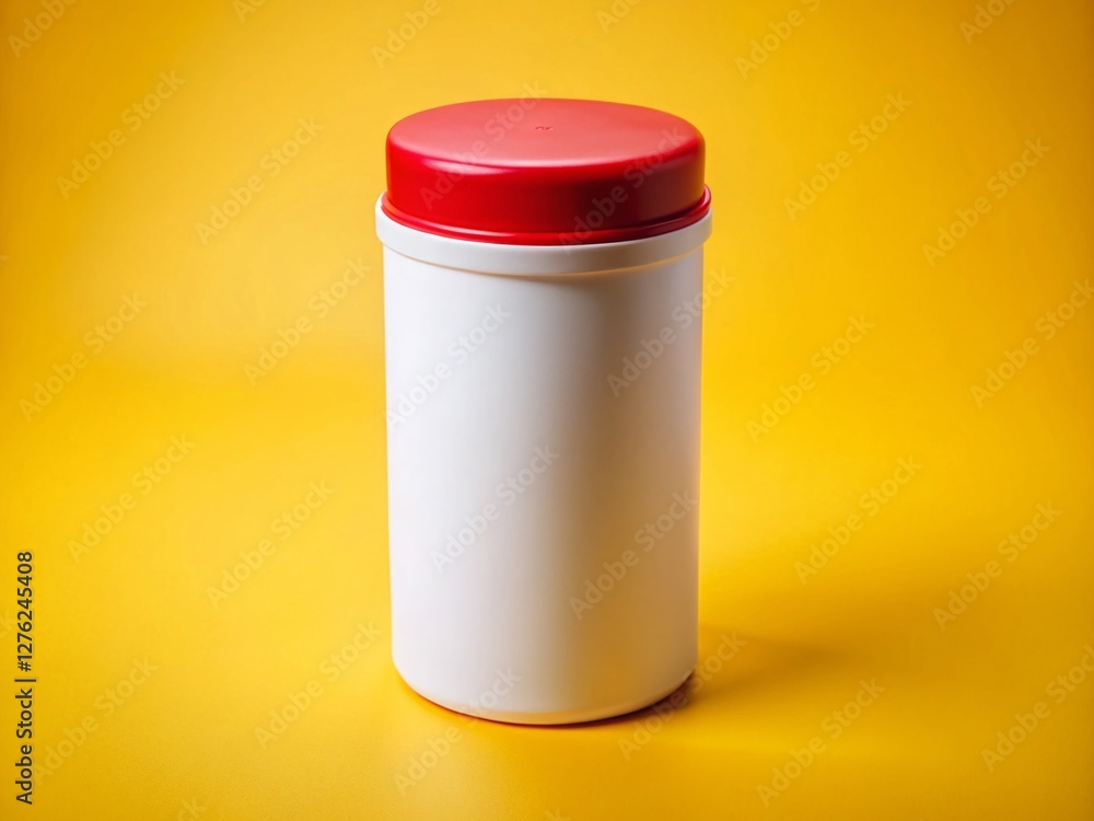 Poster macro shot: white container with red push cap on yellow background - perfect for product mockups