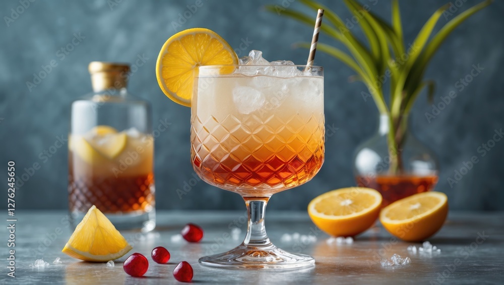 Poster refreshing cocktail with citrus garnish and ice on a stylish table setting