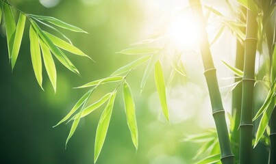 Obraz premium Lush green bamboo leaves illuminated by sunlight, creating a serene and tranquil atmosphere