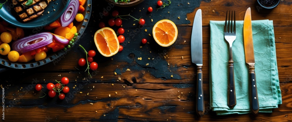 Aufkleber elegant table setting with fork knife and napkin surrounded by fresh fruits and vegetables on rustic
