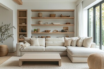 A modern minimalist interior design in the living room with wood shelves and sofas. Generative AI
