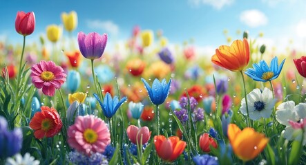 Obraz premium Vibrant Spring Flower Field with Colorful Blooms and Dew Drops Under a Bright Blue Sky Ideal for Nature or Floral Themes