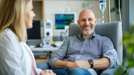 Patient Receiving Chemotherapy Treatment While Smiling with Medical Professional in Modern Healthcare Facility