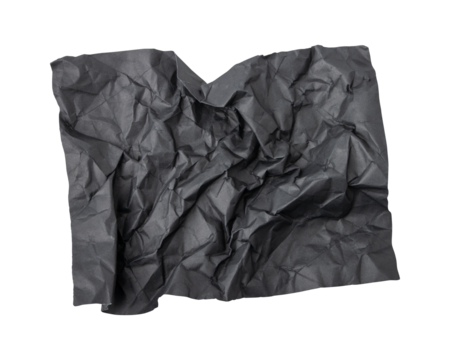 Black crumpled paper isolated on transparent background