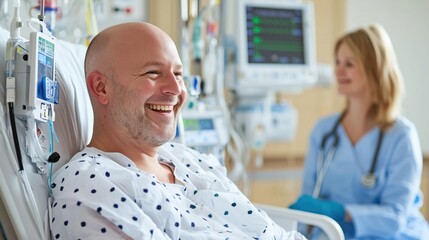Obraz premium Positive Cancer Patient in Hospital Bed Smiling with Nurse by His Side, Signifying Hope and Compassion During Treatment Journey