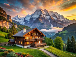 Fototapeta premium Majestic Alpine Valley Chalet - Breathtaking Mountain Scenery