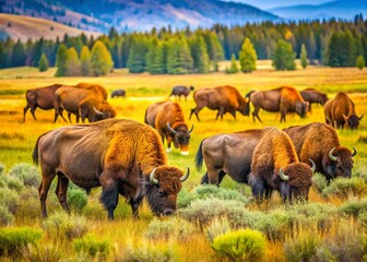 Fototapeta premium Majestic American Bison Herd Grazing Peacefully in Wyoming's Vast Plains - Macro Photography