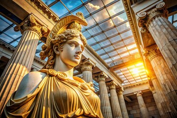 Majestic Athena Statue within the Parthenon Ruins:  Ancient Greek Goddess Sculpture in Historical Temple
