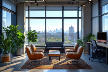 Fototapeta premium Sleek and contemporary office space with natural light and minimalist furniture