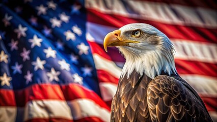 Naklejka premium Majestic Bald Eagle Soaring Above American Flag - Patriotism, Freedom, Wildlife Stock Photo