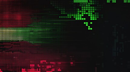 A dark red and green noise effect background with neon light shadows blends into the base background featuring a pixelated backdrop