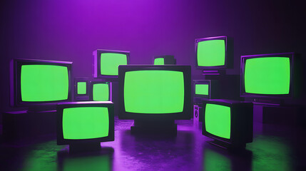 A Retro Scene of Vintage Televisions with Green Screens in a Purple Room