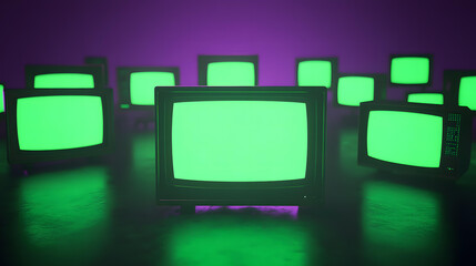 Fototapeta premium A Retro Scene of Many Vintage Televisions with Green Screens in a Purple Room