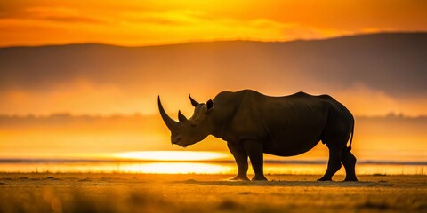 Fototapeta premium Majestic Black Rhino Silhouette at Lake Nakuru, Kenya - Minimalist Wildlife Photography