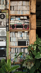 Vintage wooden shelf filled with stacked cassette tapes and retro boomboxes in a rustic setting with wooden crates, green plants, and a nostalgic atmosphere.
