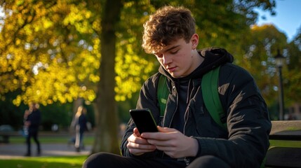 Fototapeta premium Teenager texting park bench autumn sunlight background
