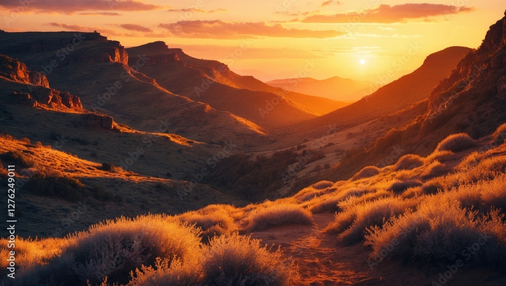Poster sunset glow over rugged hills illuminates natural landscape highlighting serenity with blank space f
