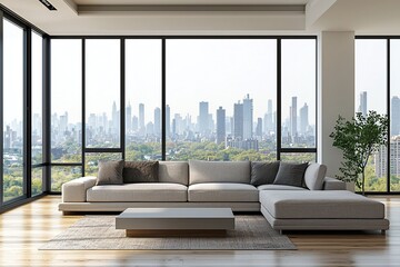 Minimalist, modern interior design of a living room with a sofa view. Generative AI
