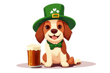 Adorable dog wearing a green hat and bow tie, sitting beside a frothy beer on a festive background