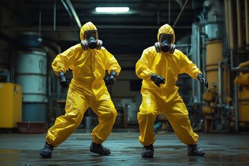 Dancing Figures in Yellow Hazmat Suits Amid Industrial Backdrop