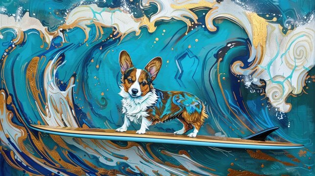 A corgi surfing on a vibrant wave, showcasing dynamic colors and artistic flair against a lively ocean backdrop