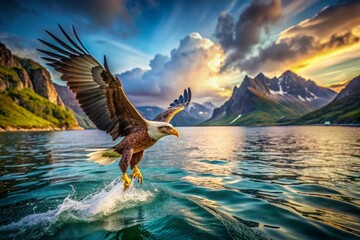 Obraz premium Majestic Eagle Seizing Fish, Lofoten Islands, Norway - Vintage Photography
