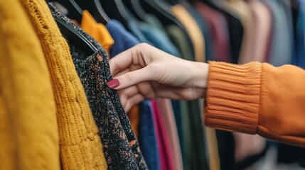 Woman Hand Choosing Clothes on Rack in Store for Wardrobe Selection