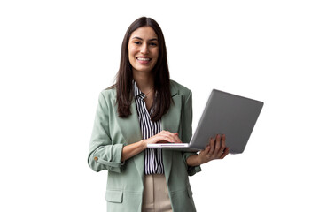 Young Latina businesswoman holding a laptop while working