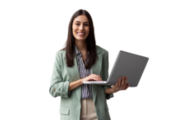 Young Latina businesswoman holding a laptop while working