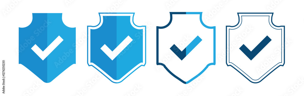 Poster shield with check mark icon set. security shields logotypes with check mark and padlock. safety shie