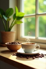Aromatic coffee steam rises from a warm mug, nestled amidst scattered coffee beans on a sunlit wooden surface, near a potted plant by a window
