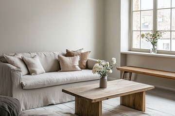 A modern minimalist interior design for a living room with a table and sofa. Generative AI
