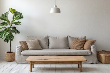 A modern minimalist interior design of a residential living room with sofa and cushion visible and table. Generative AI
