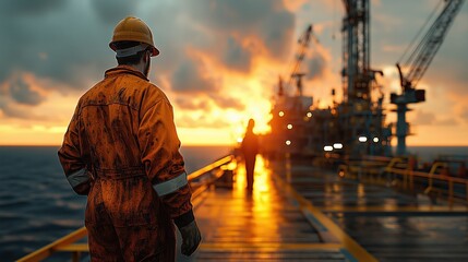 Industrial Worker on Oil Rig at Sunset with Cranes and Machinery Highlighting Technology and Engineering in Offshore Exploration