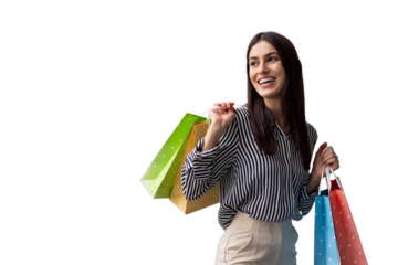 Cheerful Latina woman lifting her shopping bags in excitement