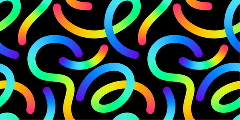 Abstract Design Featuring Vibrant Gradient Curved Lines on a Contrasting Black Background. Seamless Pattern