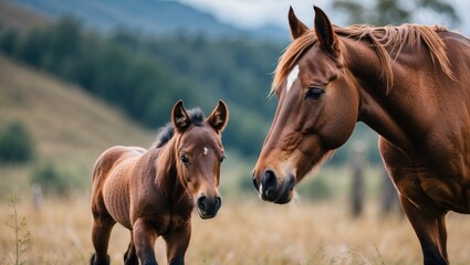 Obraz premium Pottoka Mare with Foal in Natural Pasture Setting Capturing Maternal Bond in Countryside Landscape.