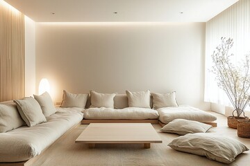 Fototapeta premium Minimalist interior design of living room with sofa view. Generative AI 