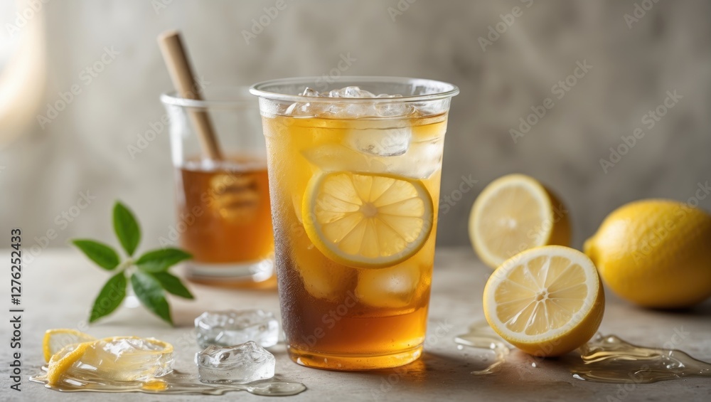 Poster refreshing iced honey lemon oolong tea in clear plastic cup with slices of lemon and empty space for