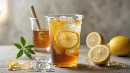 Refreshing Iced Honey Lemon Oolong Tea in Clear Plastic Cup with Slices of Lemon and Empty Space for Text or Branding