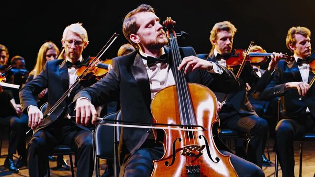 A dynamic video of an orchestra performing on stage, captured from a low-angle, highlighting musicians and instruments under warm stage lights.
