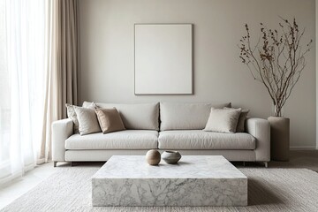 Minimalist, modern Scandinavian interior design in the living room of a house with a sofa and table. Generative AI

