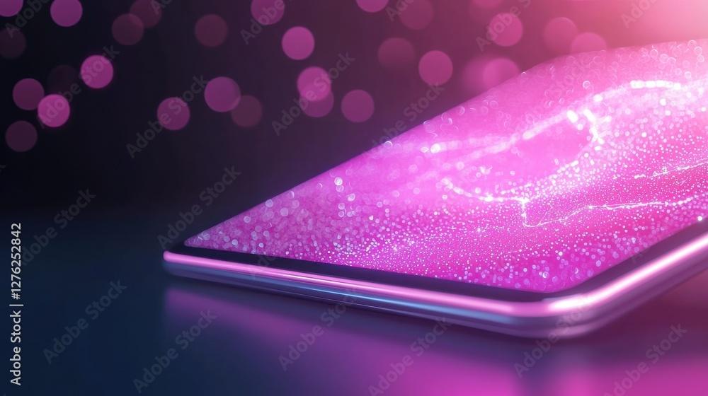 Aufkleber pink and purple glowing data points on a smartphone screen, dark background with bokeh effect. close