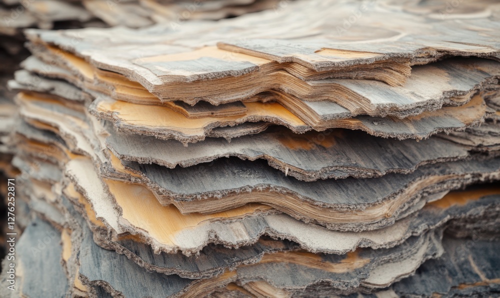 Poster stacked layers of natural wood slices showcasing unique textures and colors in a workshop setting